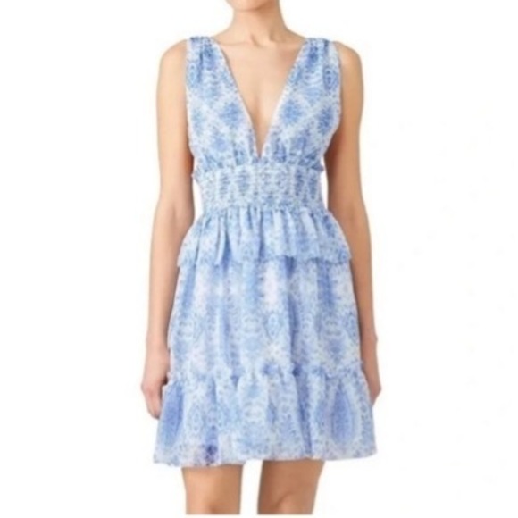 Saylor Dresses & Skirts - Saylor Blue Holly Dress Halter with Criss Cross Back and Smocked Waist Sz Large‎